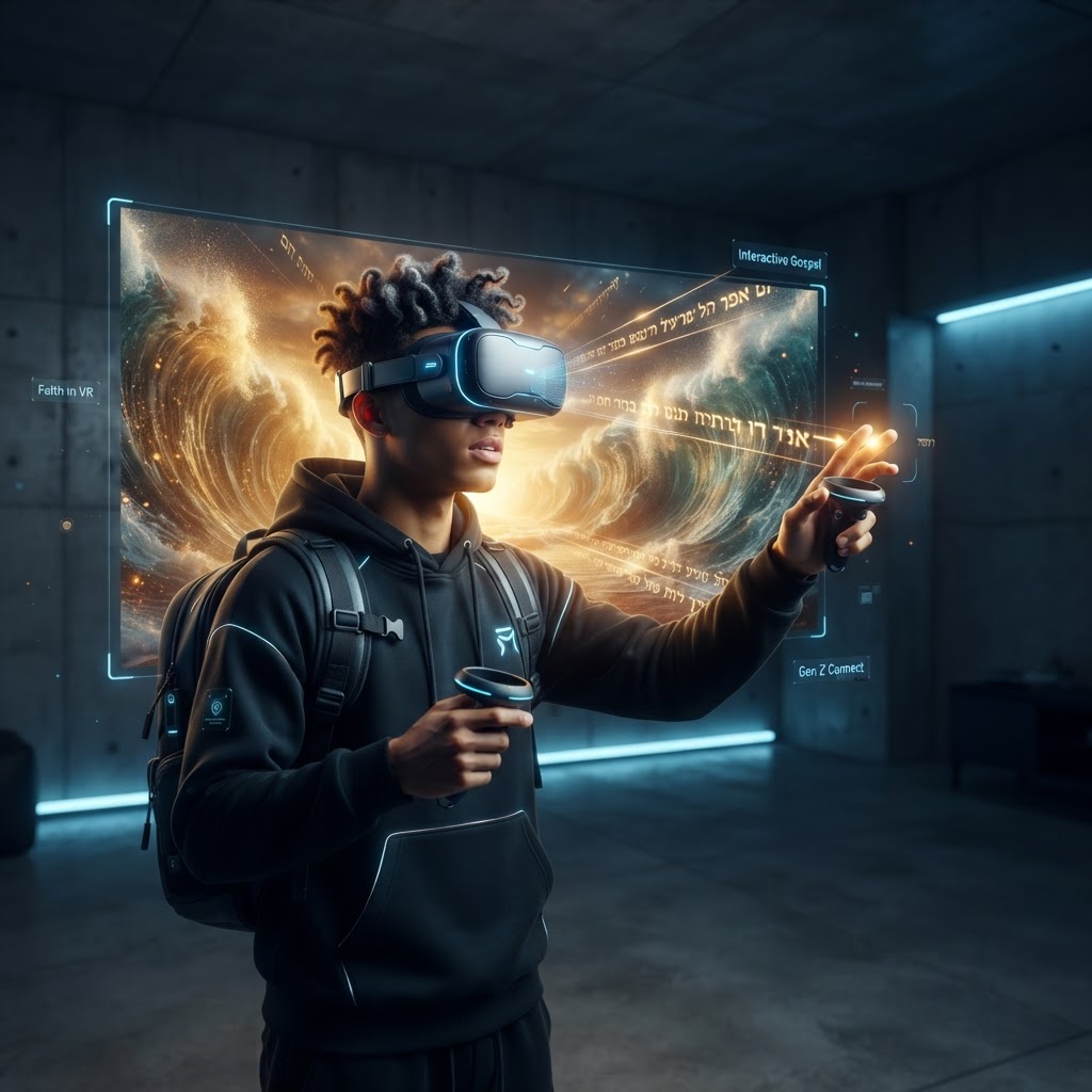 A person wearing a VR headset experiencing an immersive digital recreation of a biblical landscape with warm, inviting lighting.