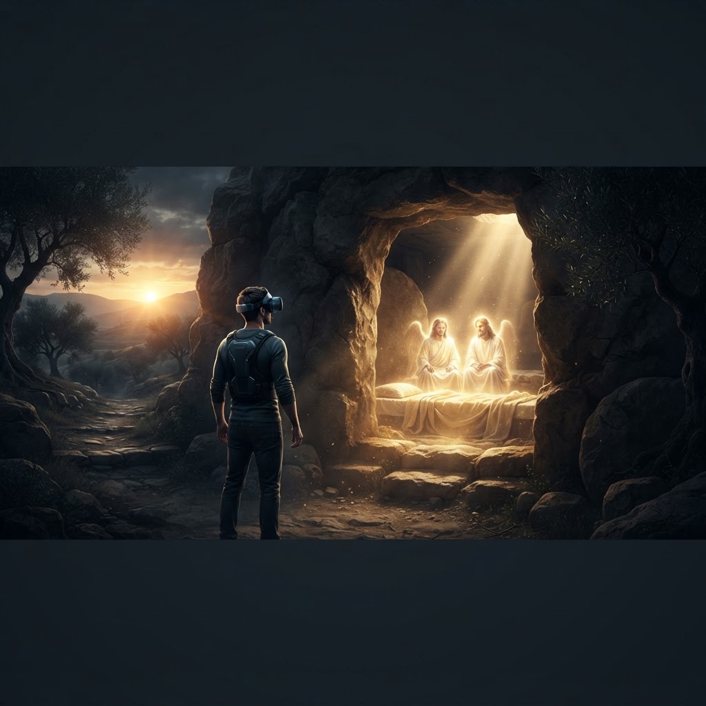 A serene, sun-drenched virtual reality garden setting outside a stone tomb representing the Resurrection of Christ.