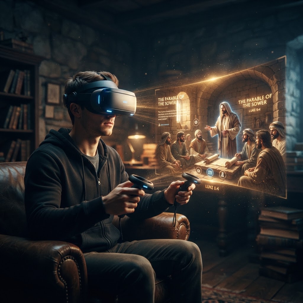 A person wearing a VR headset, with a digital, artistic rendition of a biblical landscape visible in the background.