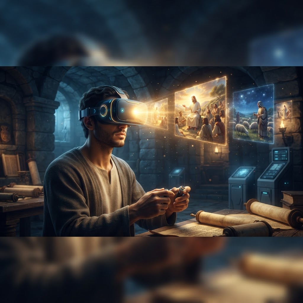 A person wearing a VR headset experiencing a vivid, immersive biblical scene of a desert landscape, symbolizing the intersection of faith and modern storytelling technology.
