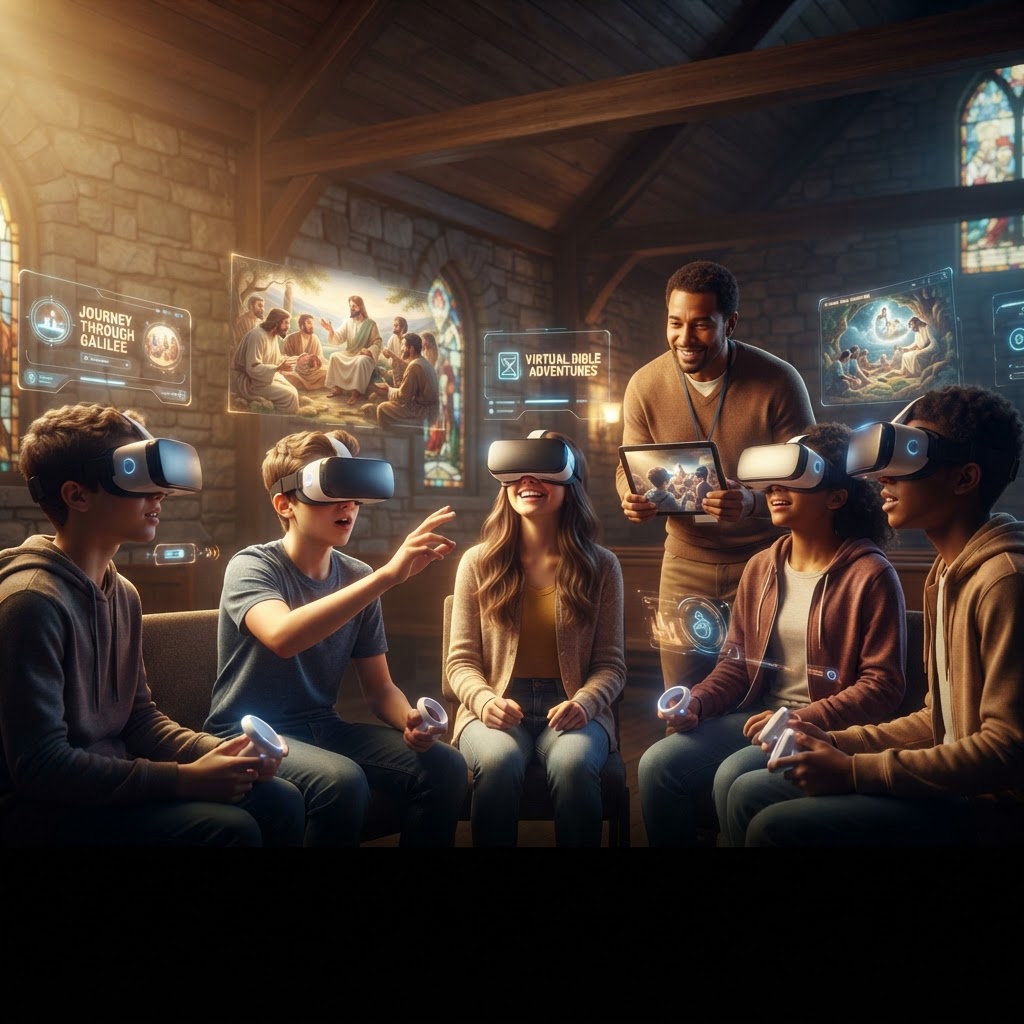 A group of youth students wearing VR headsets in a church classroom, interacting with a digital representation of a biblical scene.