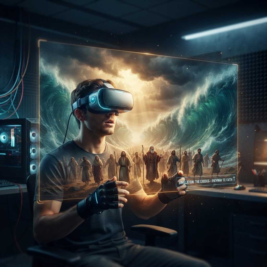 A peaceful, immersive digital rendering of an ancient biblical landscape in a VR headset.