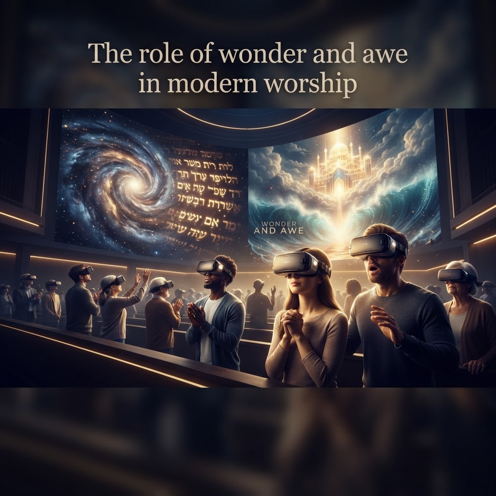 A peaceful, cinematic view of a virtual biblical landscape showing a sunset over an ancient city, symbolizing awe and spiritual reflection.