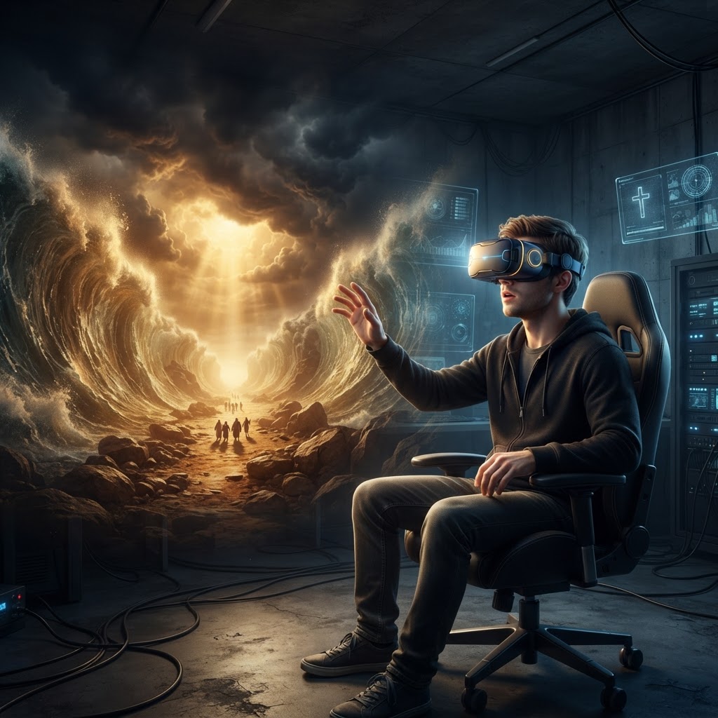 A person wearing a VR headset, with a digital representation of a historical biblical landscape visible in the background.