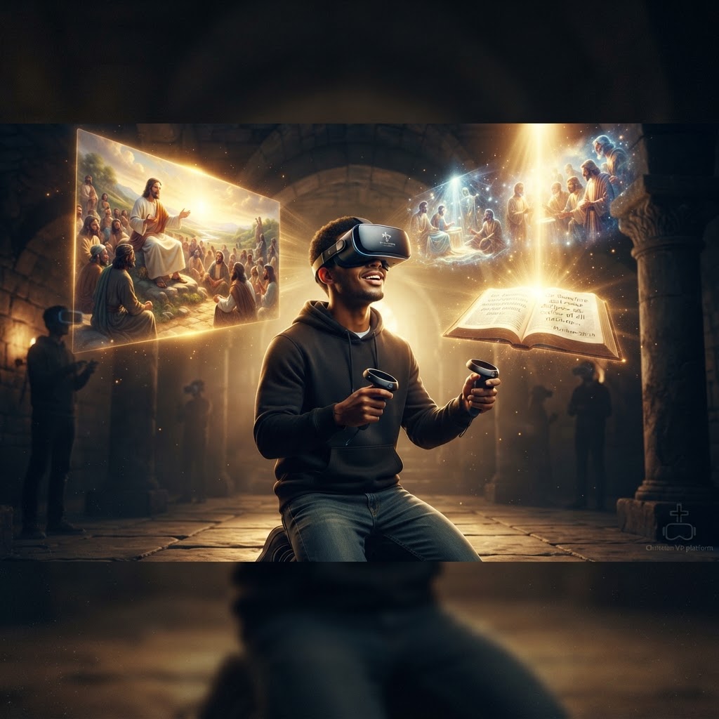 A person wearing a VR headset, with a digital, ethereal light reflecting off their face, representing the immersive experience of biblical stories.