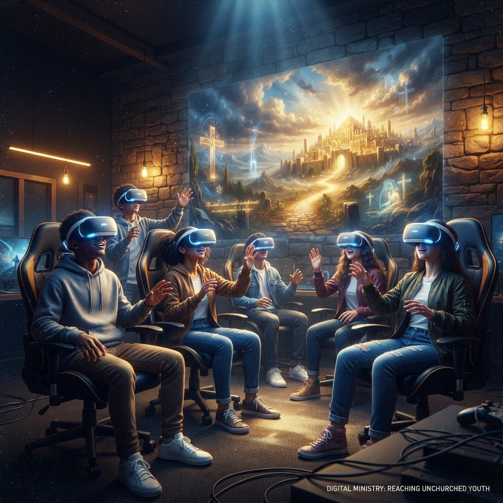 A young person wearing a virtual reality headset while surrounded by a soft, warm light representing digital biblical storytelling.