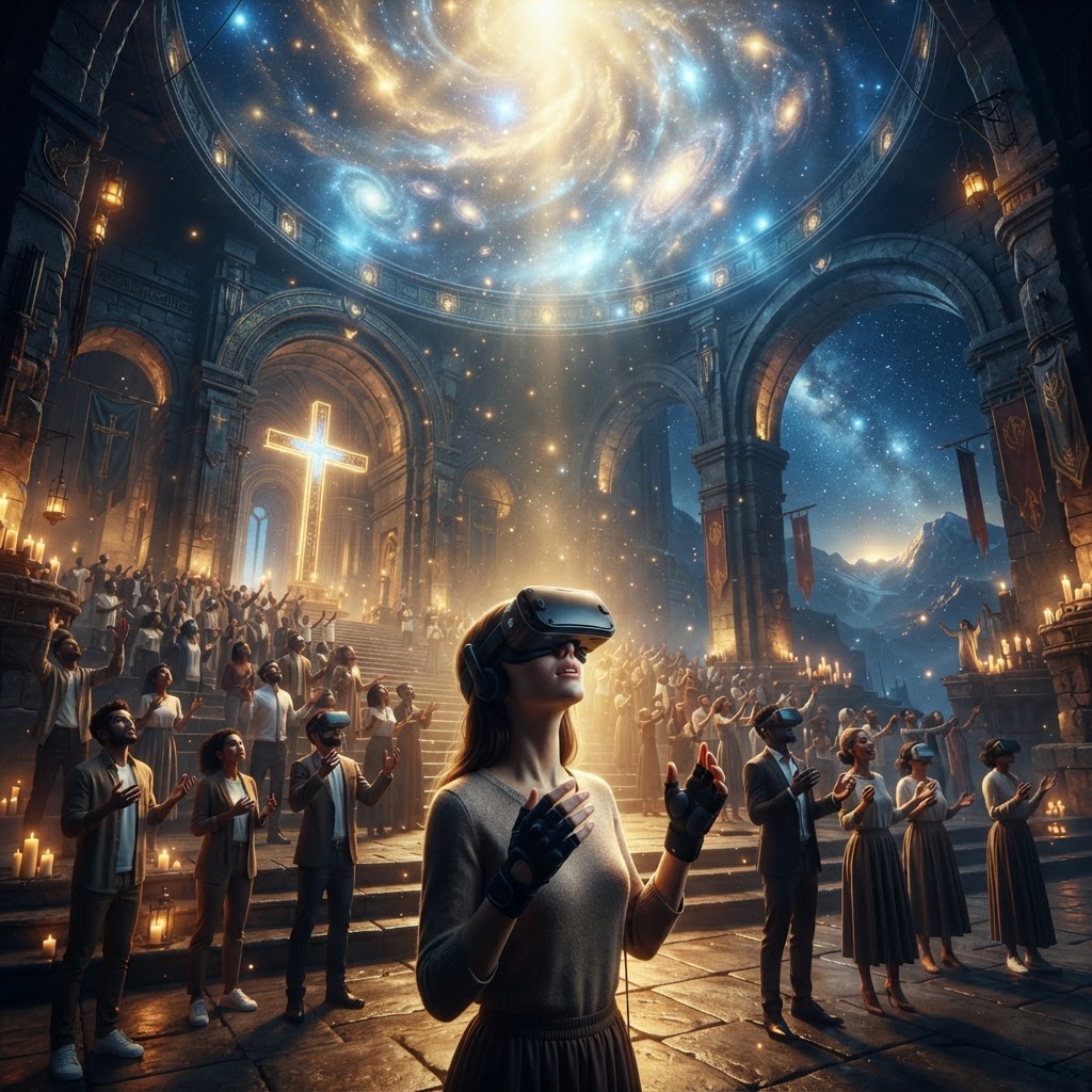 A person wearing a VR headset experiencing a vivid, immersive biblical landscape featuring the Parting of the Red Sea.
