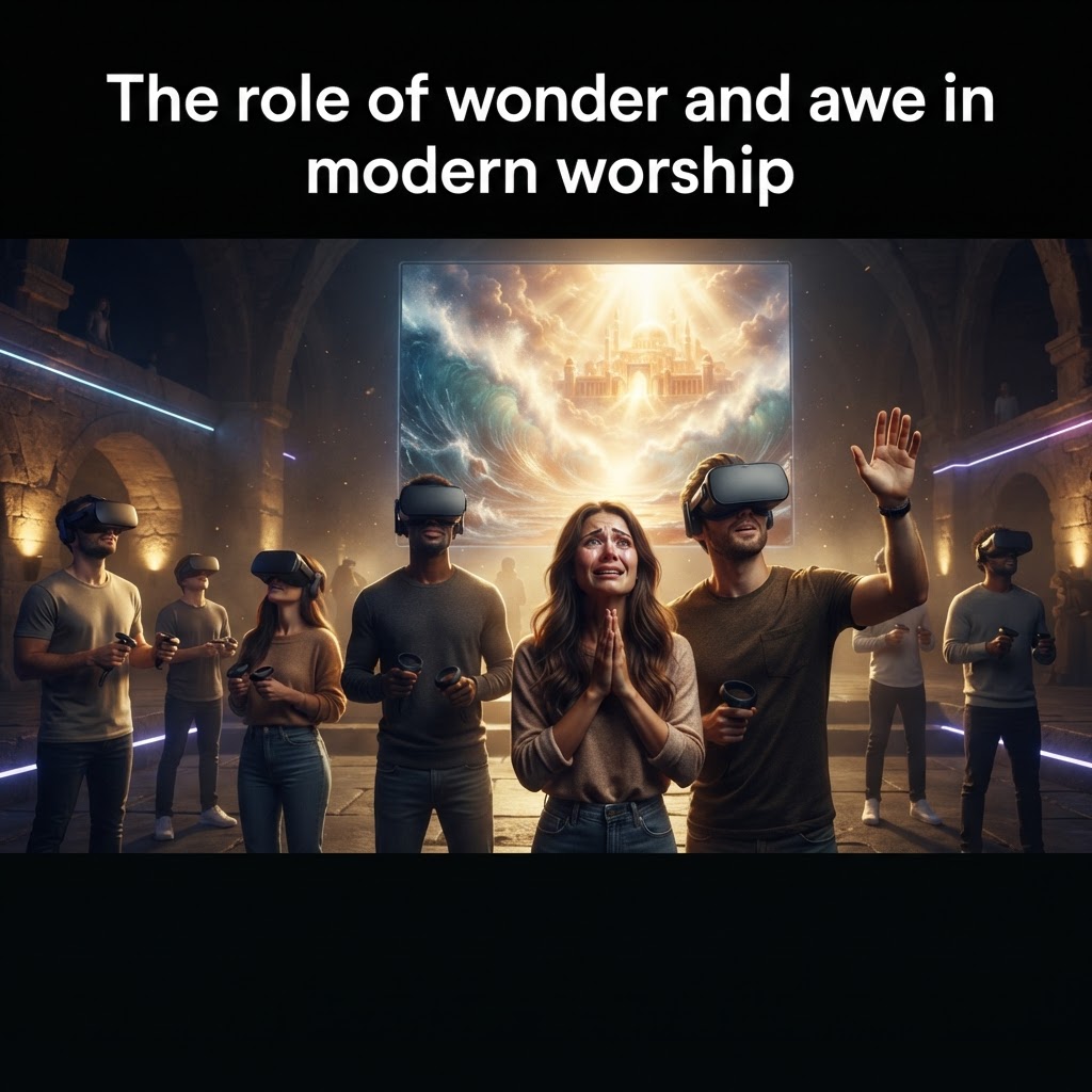 A believer wearing a VR headset, with a digital representation of a biblical landscape visible in the background, signifying the blend of technology and faith.