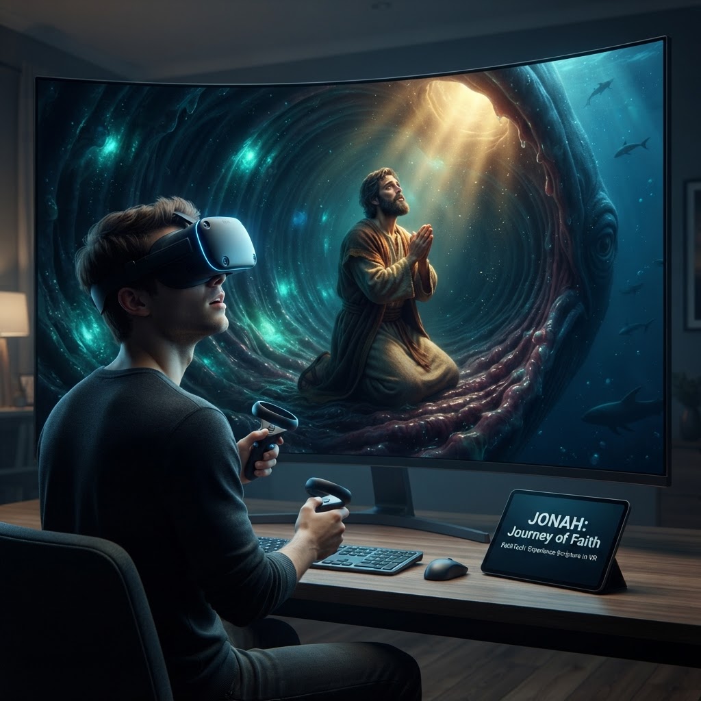 A cinematic, immersive view inside a dark, ethereal space representing the belly of a great fish with subtle light filtering through, designed for biblical VR.