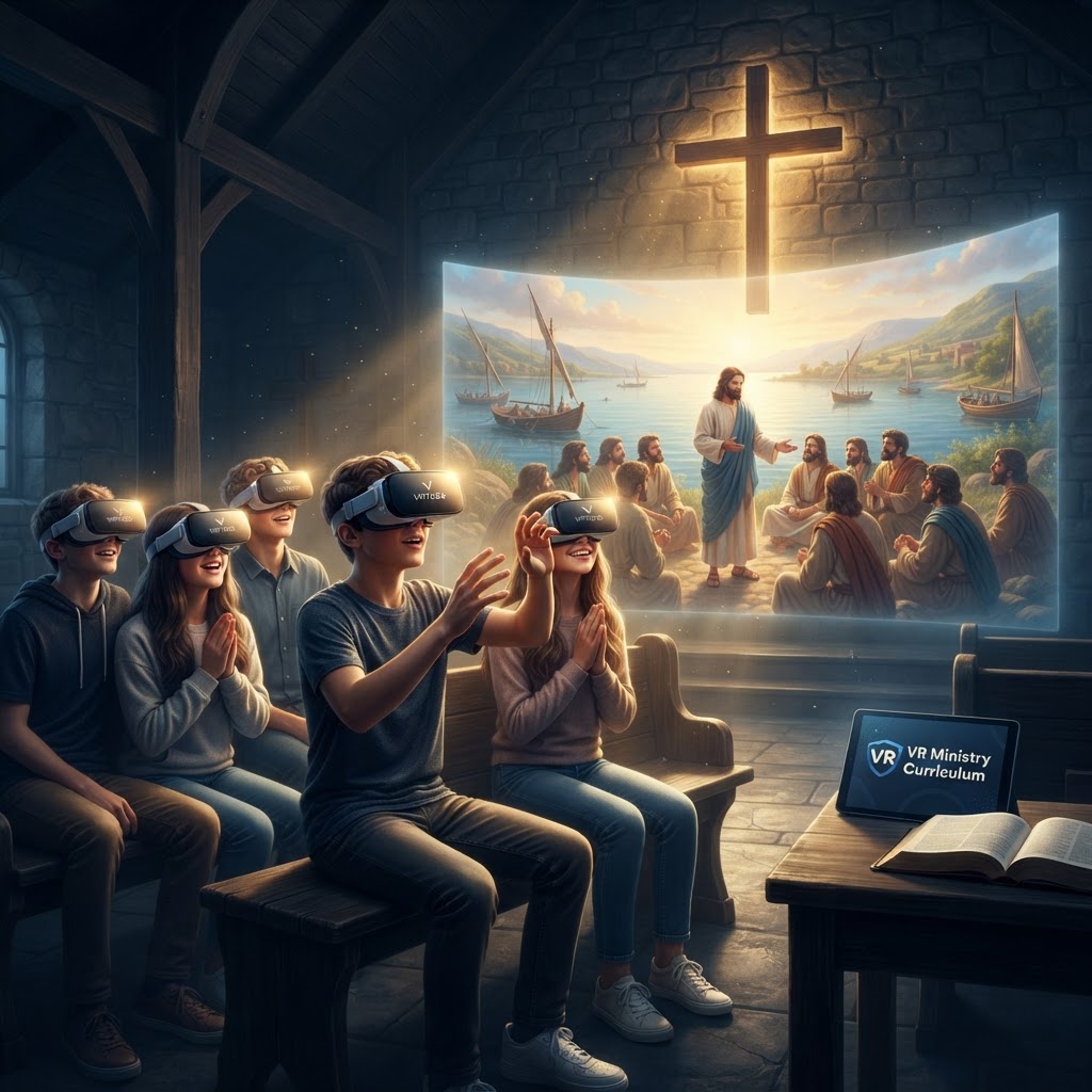 A group of teenagers wearing VR headsets in a modern church youth room, visually immersed in a virtual biblical landscape.