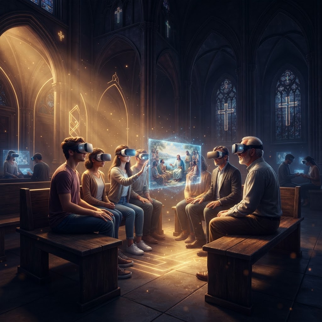 A person wearing a VR headset, experiencing an immersive biblical scene of a desert landscape, representing modern faith technology.