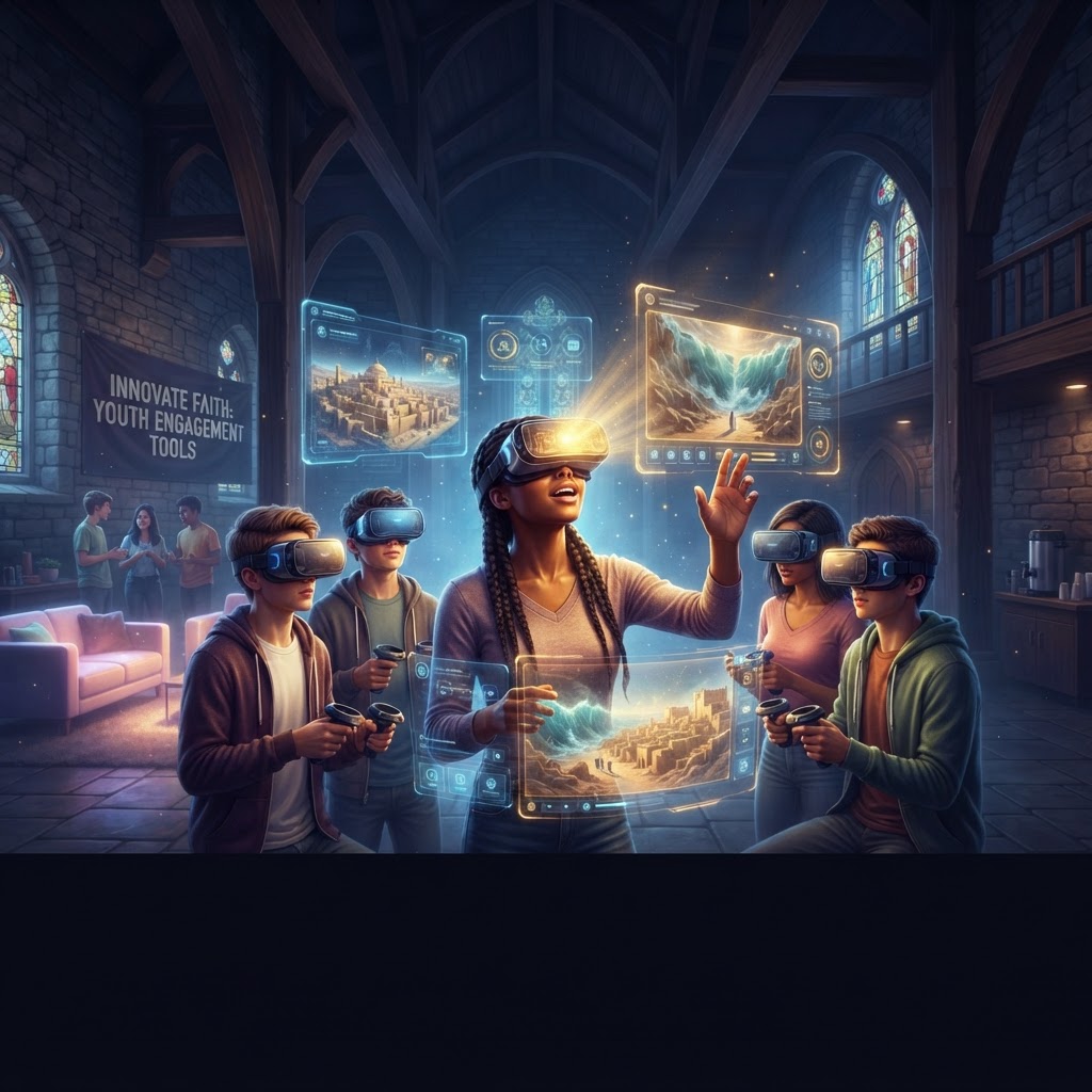 A group of young people wearing VR headsets in a modern church youth room setting, engaged in a virtual reality biblical storytelling experience.