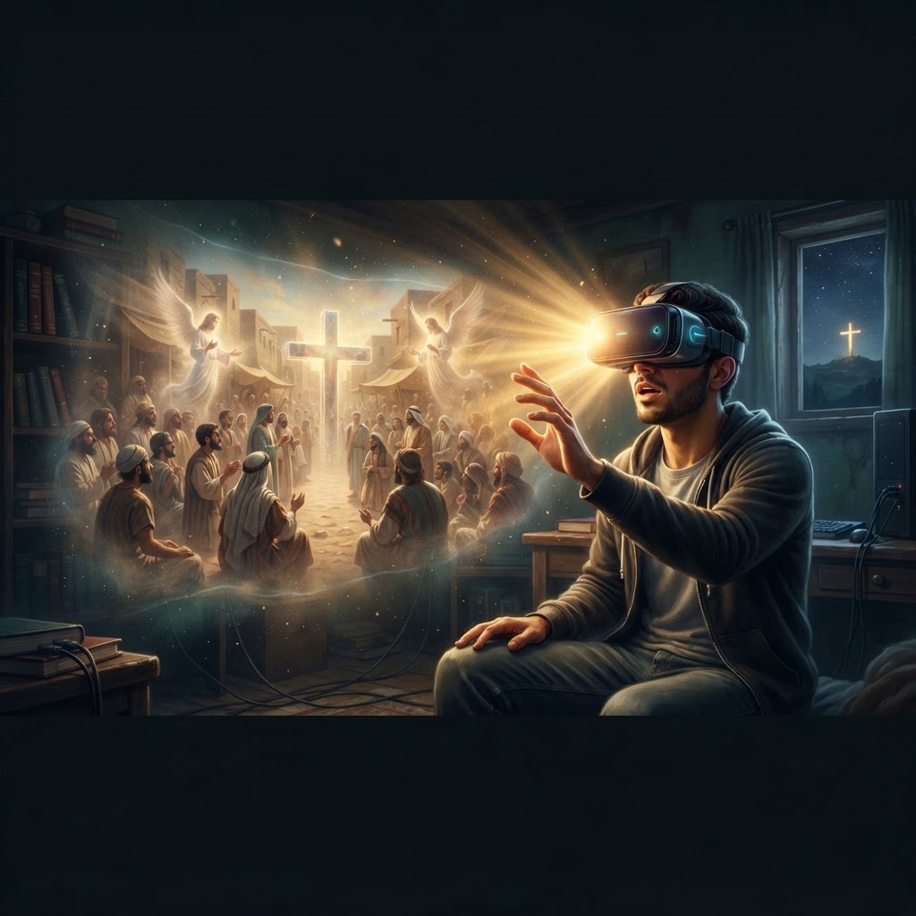 A person wearing a high-end VR headset, with a glowing, stylized silhouette of ancient Jerusalem visible in the virtual environment.