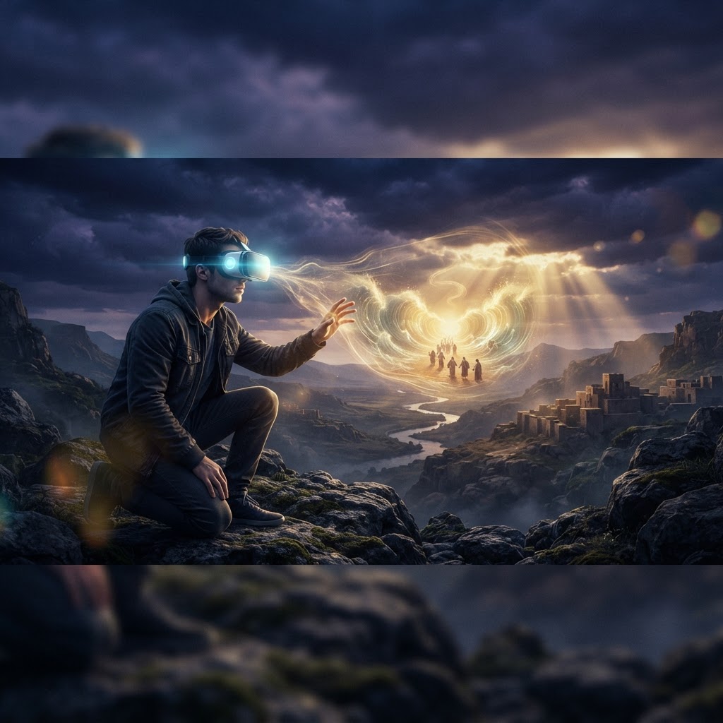 A person wearing a VR headset, with a glowing, ethereal visualization of a biblical landscape appearing before them.