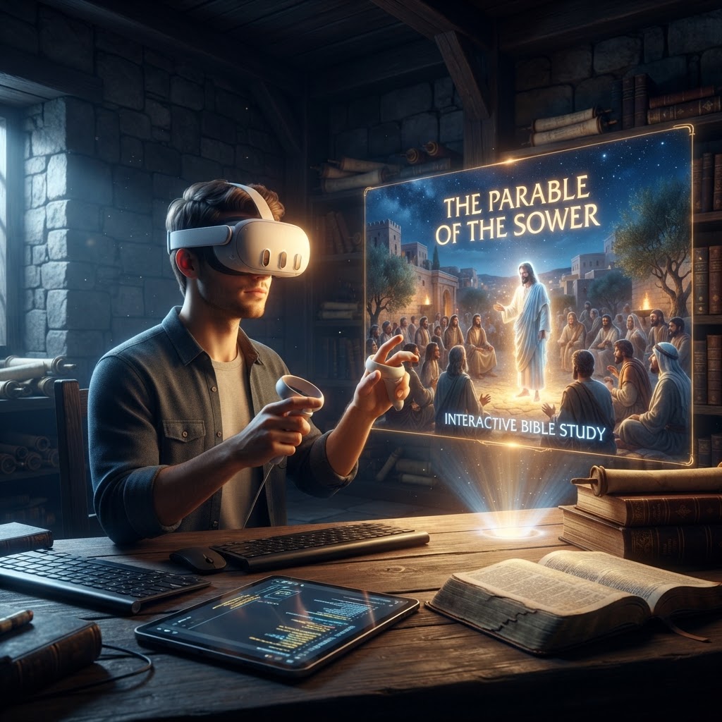 A person wearing a virtual reality headset while interacting with a holographic representation of an ancient biblical landscape.