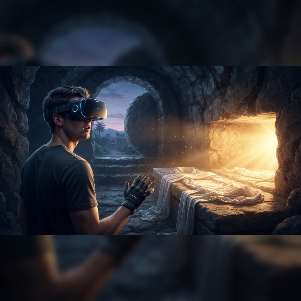 A digital rendering of the sun rising over an empty tomb in Jerusalem with a soft, ethereal light casting shadows across the garden floor.
