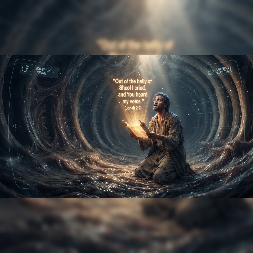 A digital artist rendering of a prophet standing inside an immersive, glowing aquatic environment, symbolizing the story of Jonah in a virtual reality setting.