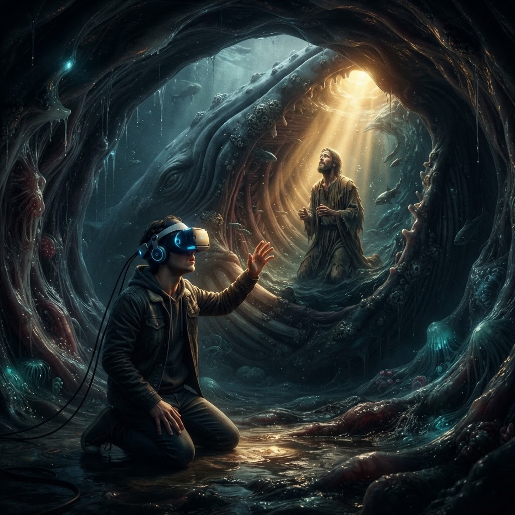 A wide-angle perspective from inside a dark, cavernous space representing the interior of a great fish, looking toward a faint, glowing light in the distance.