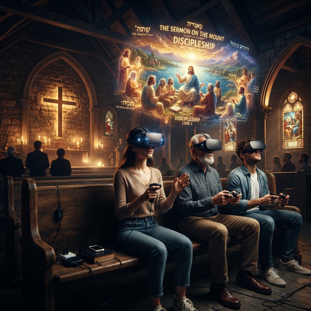 A group of people wearing VR headsets while studying the Bible in a modern church setting, signifying the union of faith and technology.