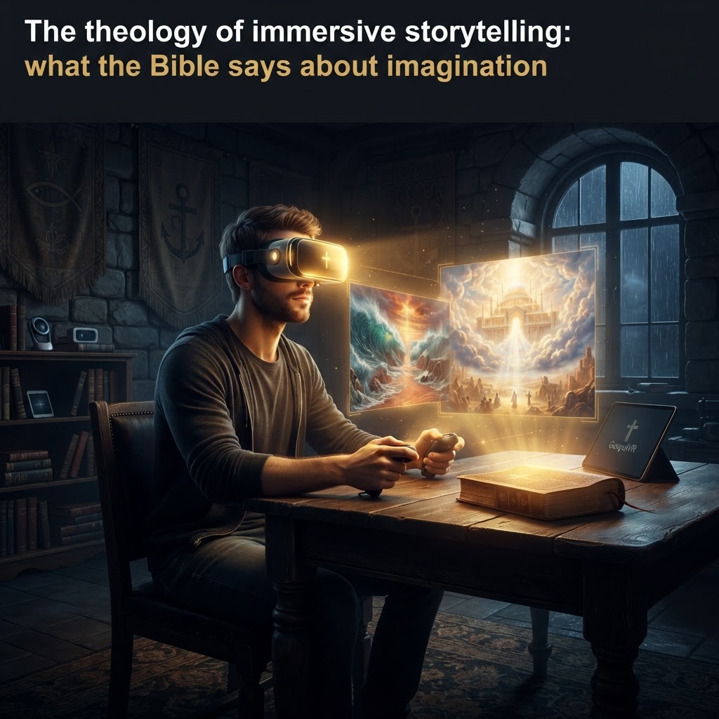 A person wearing a VR headset, with a digital overlay of an ancient biblical landscape blending into the modern room.