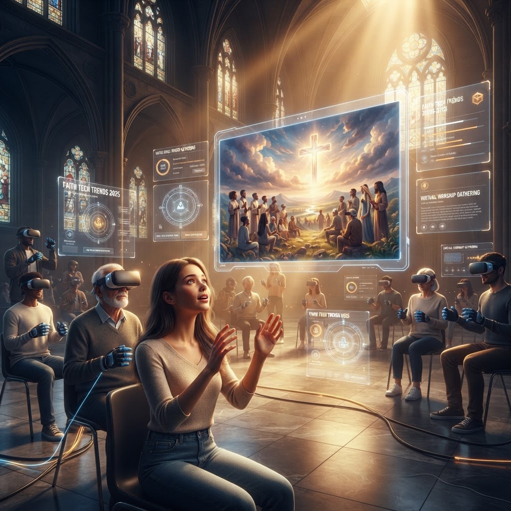 A person wearing a VR headset, experiencing a vibrant, immersive visualization of an ancient biblical landscape.