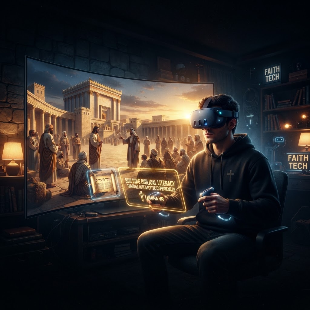 A person wearing a virtual reality headset with an ethereal, glowing biblical landscape visible in the background.