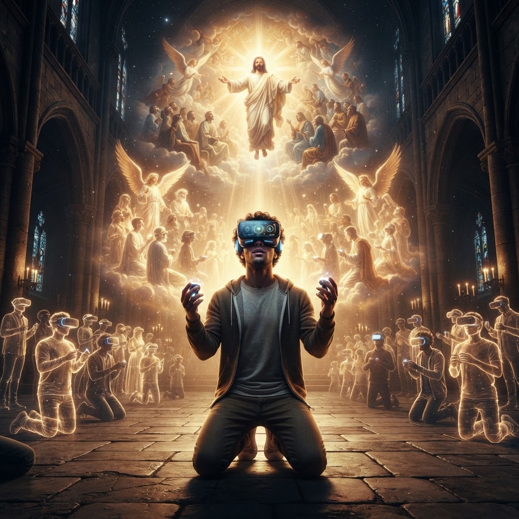 A serene, artistic representation of a user wearing a VR headset, with a glowing, soft-light depiction of a biblical landscape visible in the background.