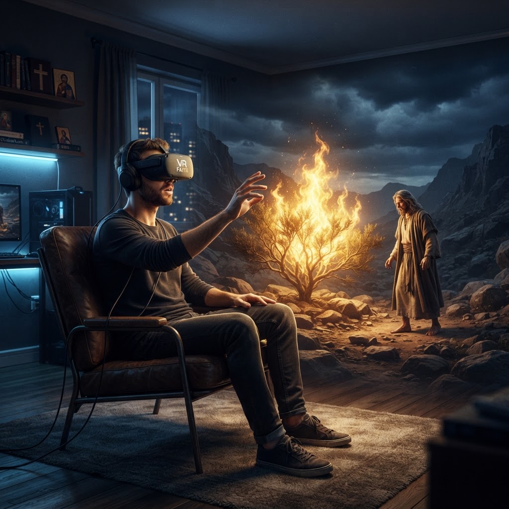 A digital representation of Moses looking toward a glowing, supernatural burning bush in a desert landscape within a VR environment.
