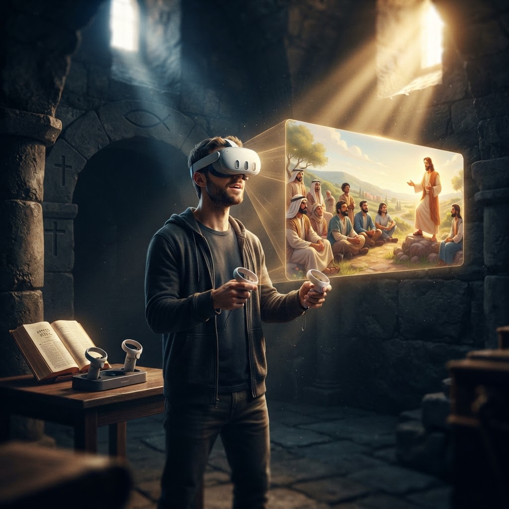 A person wearing a VR headset looking out into a beautifully rendered biblical landscape from the perspective of a character in scripture.