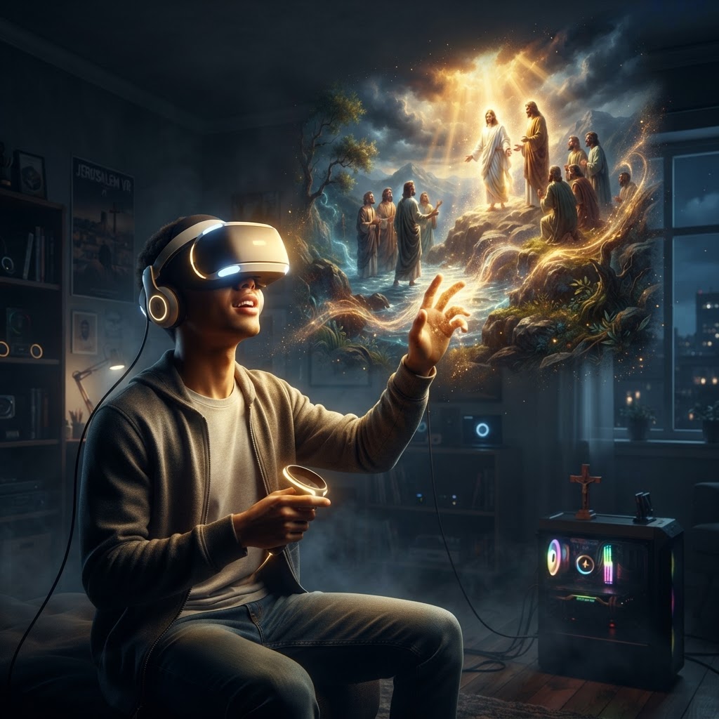 A young person wearing a VR headset, with a digital, cinematic projection of a biblical desert landscape in the background representing immersive scripture.