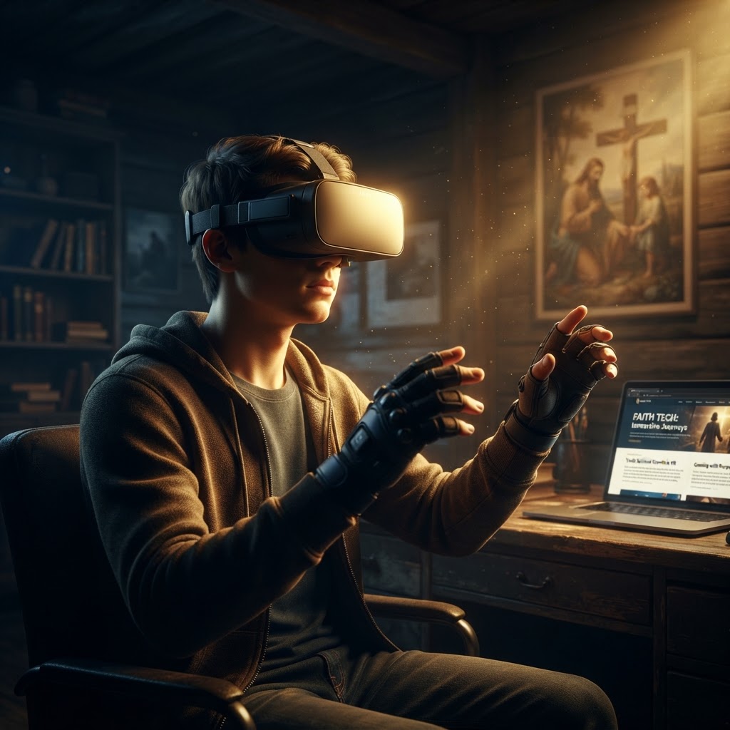 A young person wearing a VR headset, experiencing an immersive and beautiful depiction of a biblical landscape in a high-tech, welcoming environment.