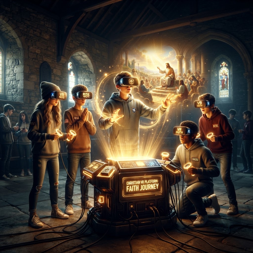 A group of youth sitting in a circle wearing VR headsets while discussing the bible in a modern church setting.