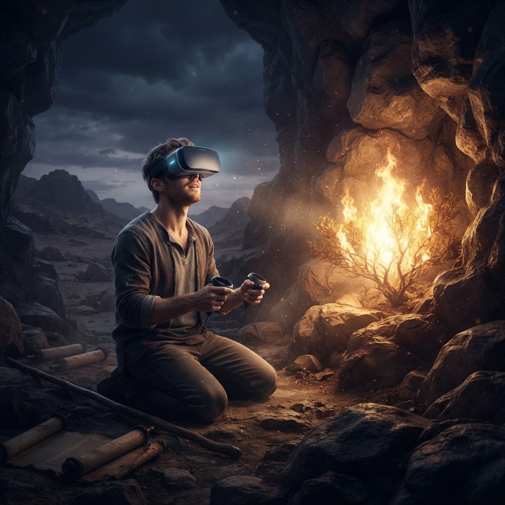 A digital illustration of a glowing, supernatural burning bush in a vast desert landscape viewed through a virtual reality interface.