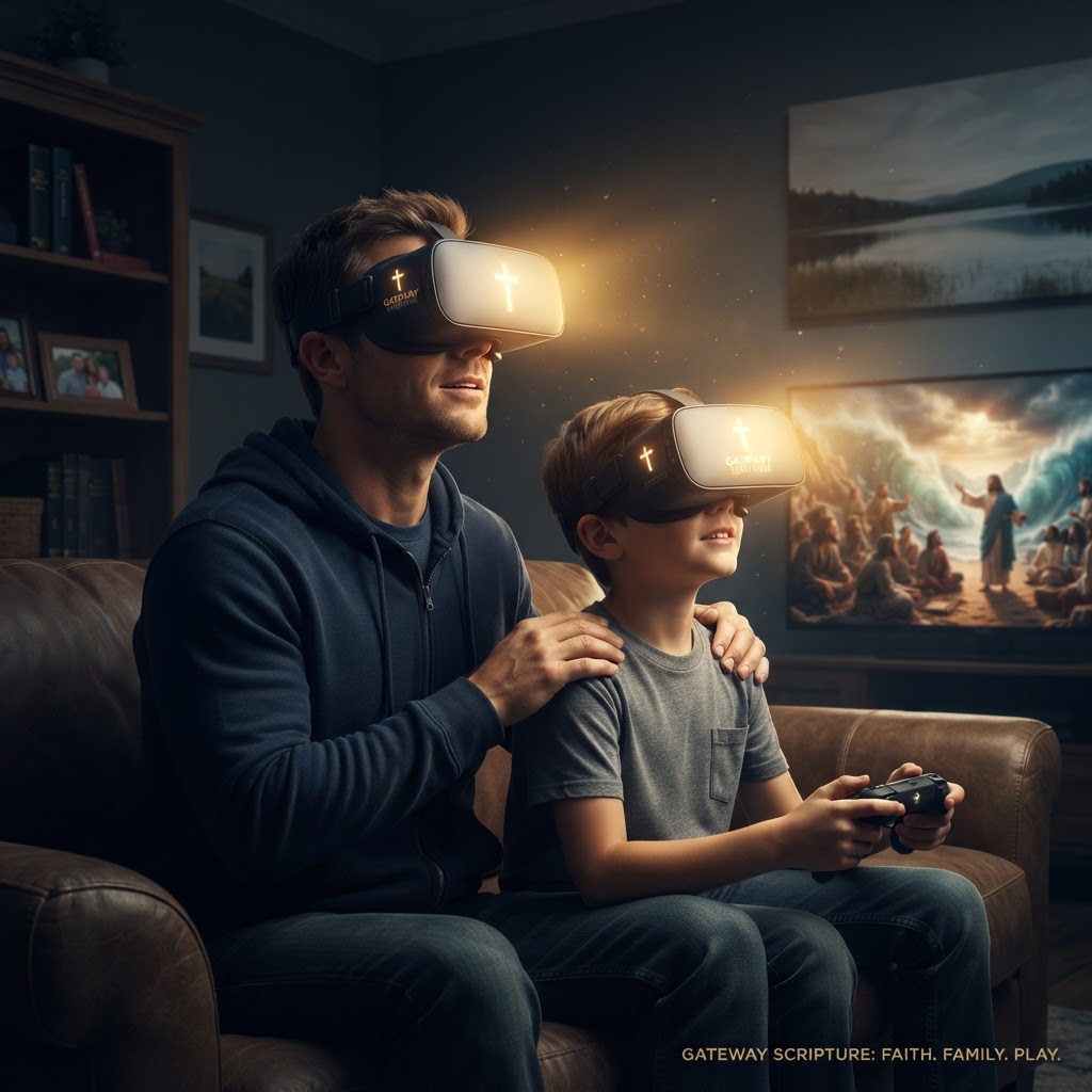 A parent and child wearing VR headsets exploring a digital, biblical landscape together in a home setting.