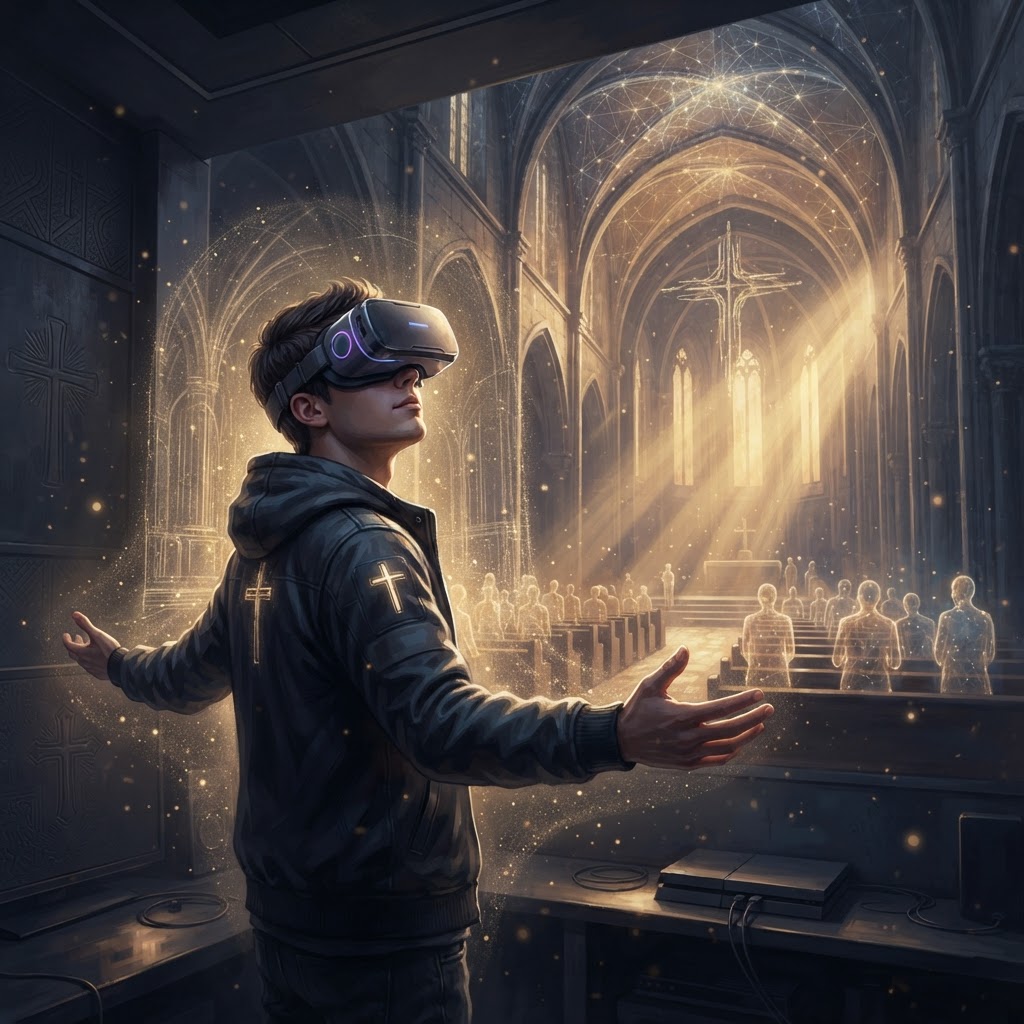 A person wearing a VR headset looking up in awe at a digital representation of a starlit biblical landscape.