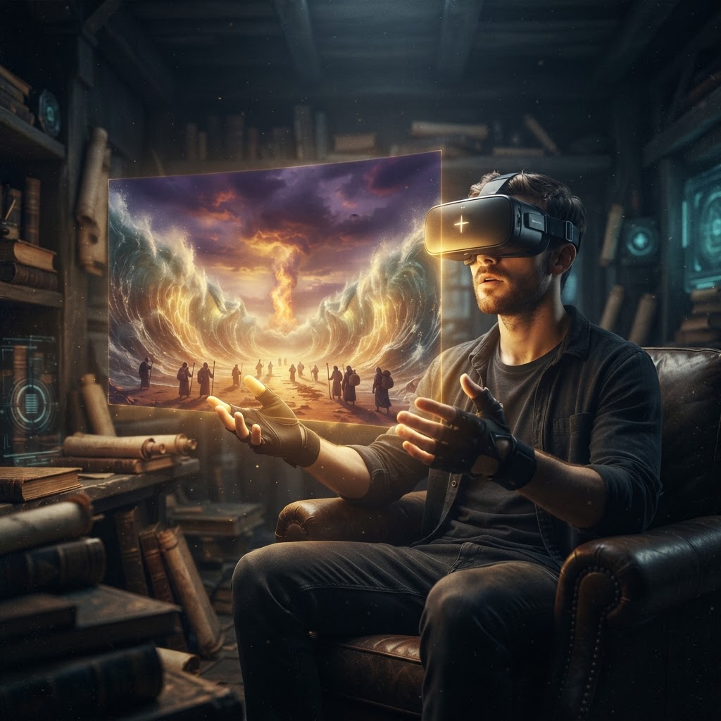 A person wearing a virtual reality headset with an ambient, warm light reflecting a scene of a biblical landscape.