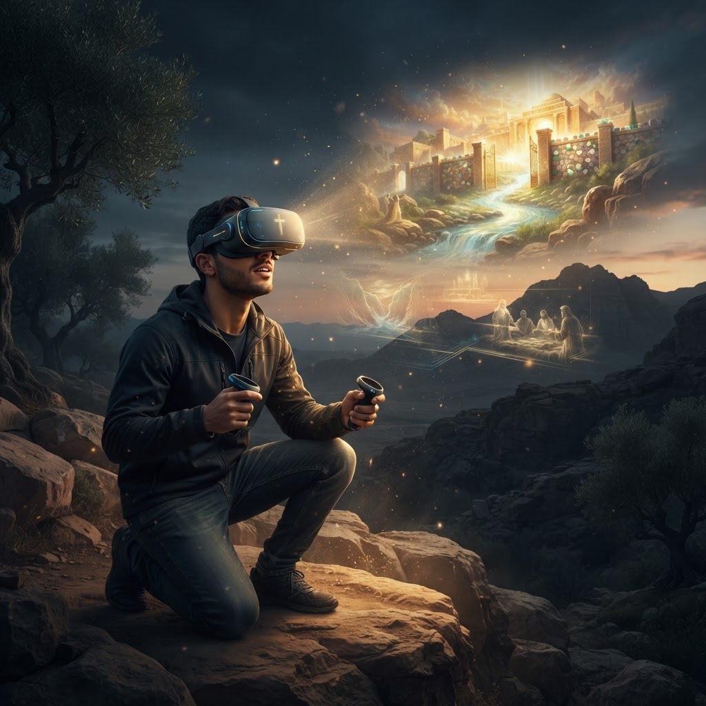 A peaceful, artistic render of a user in a VR headset looking at a digital representation of a biblical landscape with light streaming through.