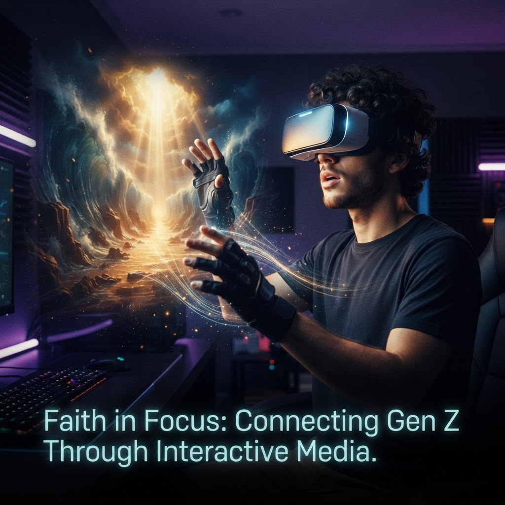 A young person wearing a VR headset, with a glowing, immersive biblical landscape appearing in the background.