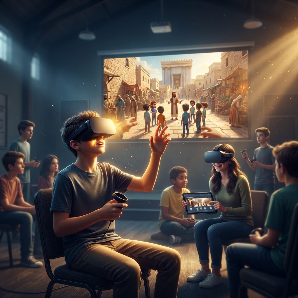 A group of youth ministry students wearing VR headsets and engaging in a digital biblical experience.