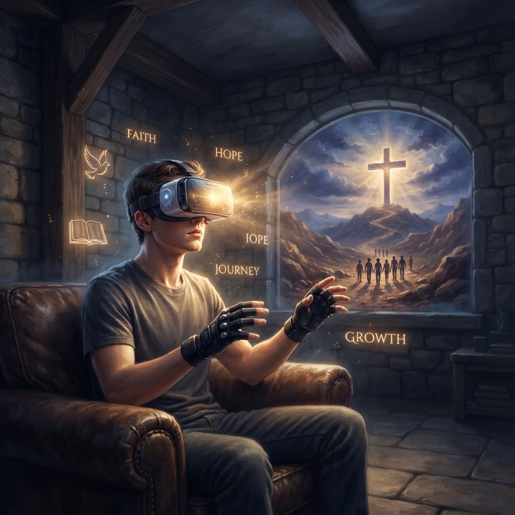 A young person wearing a VR headset, with a digital representation of a peaceful biblical landscape visible in the background.