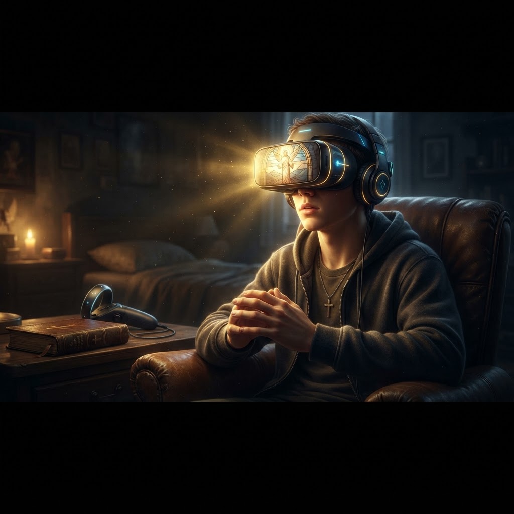 A young person using a VR headset to explore a beautifully rendered biblical landscape, symbolizing the bridge between faith and modern technology.