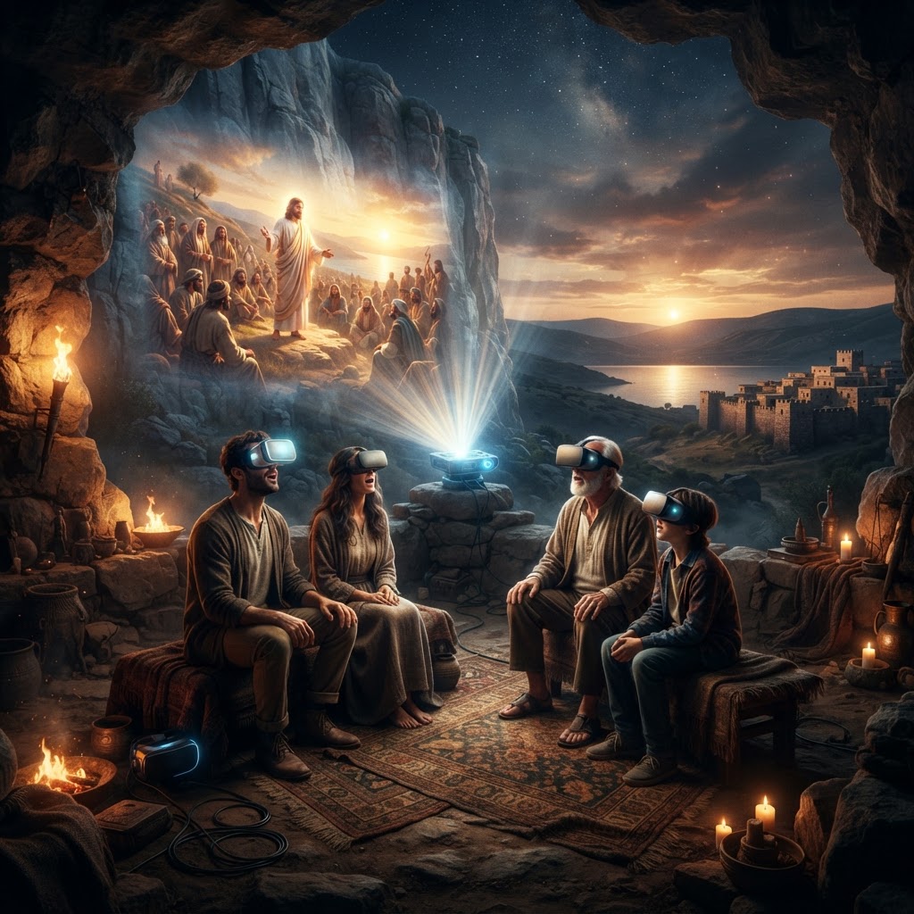 A person wearing a VR headset exploring a glowing, cinematic digital interpretation of a biblical desert landscape.