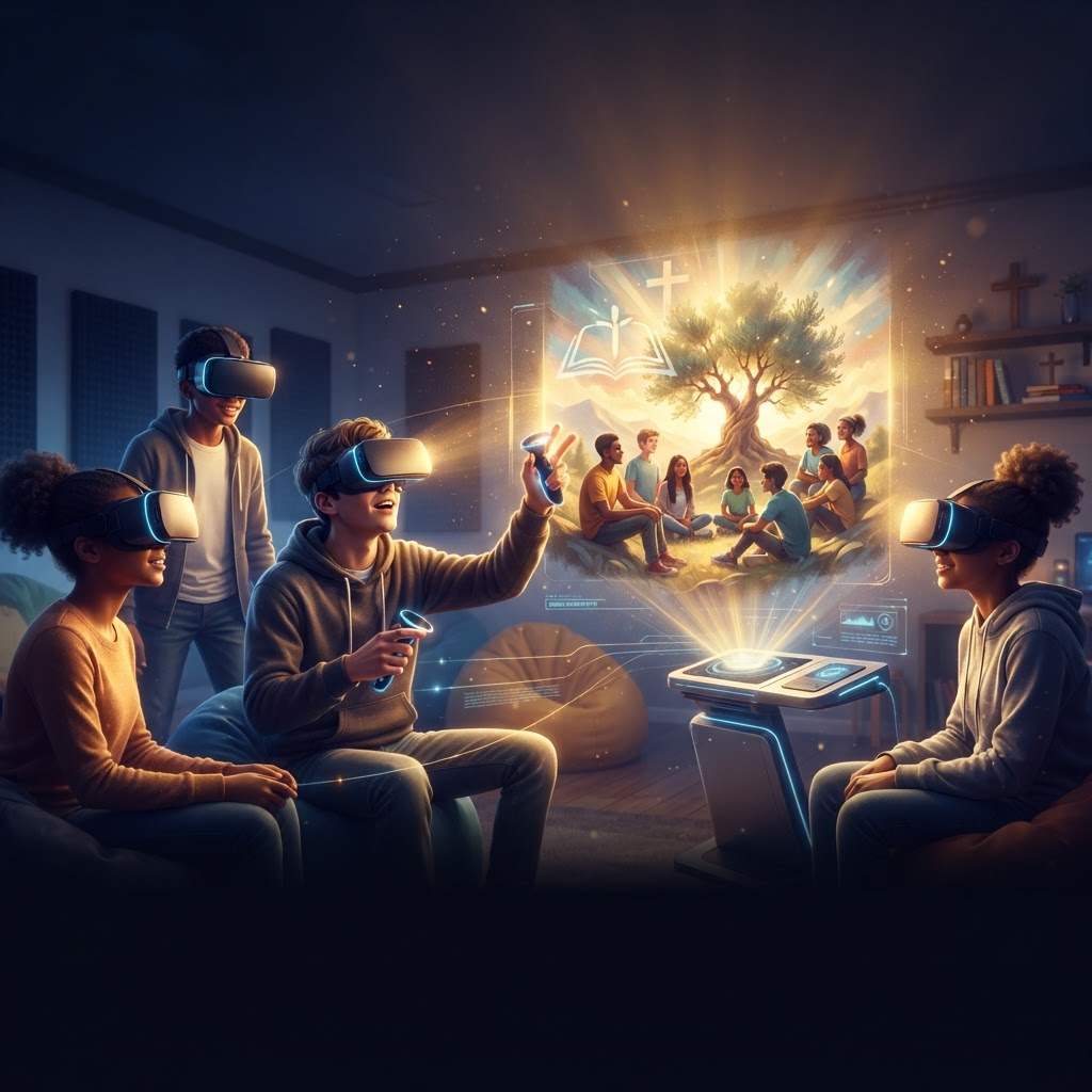A group of diverse young people wearing VR headsets engaged in a collaborative biblical storytelling experience.