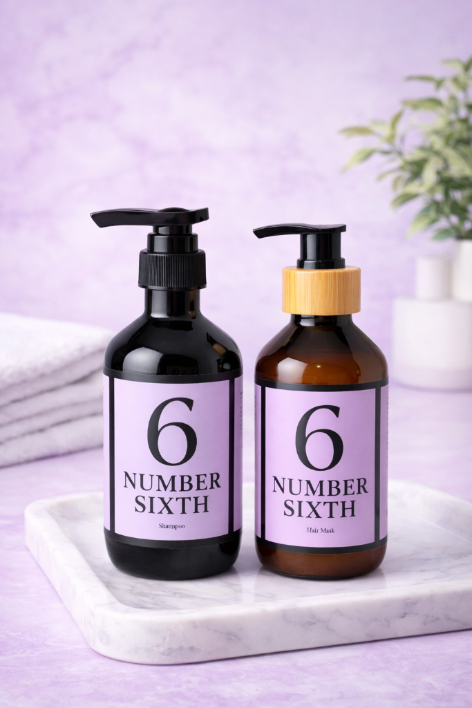 Number Sixth shampoo and hair mask duo on a lavender display