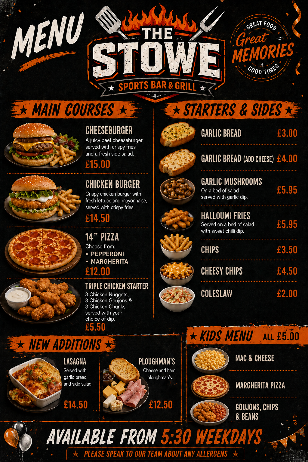 The Stowe Sports Bar & Grill Menu