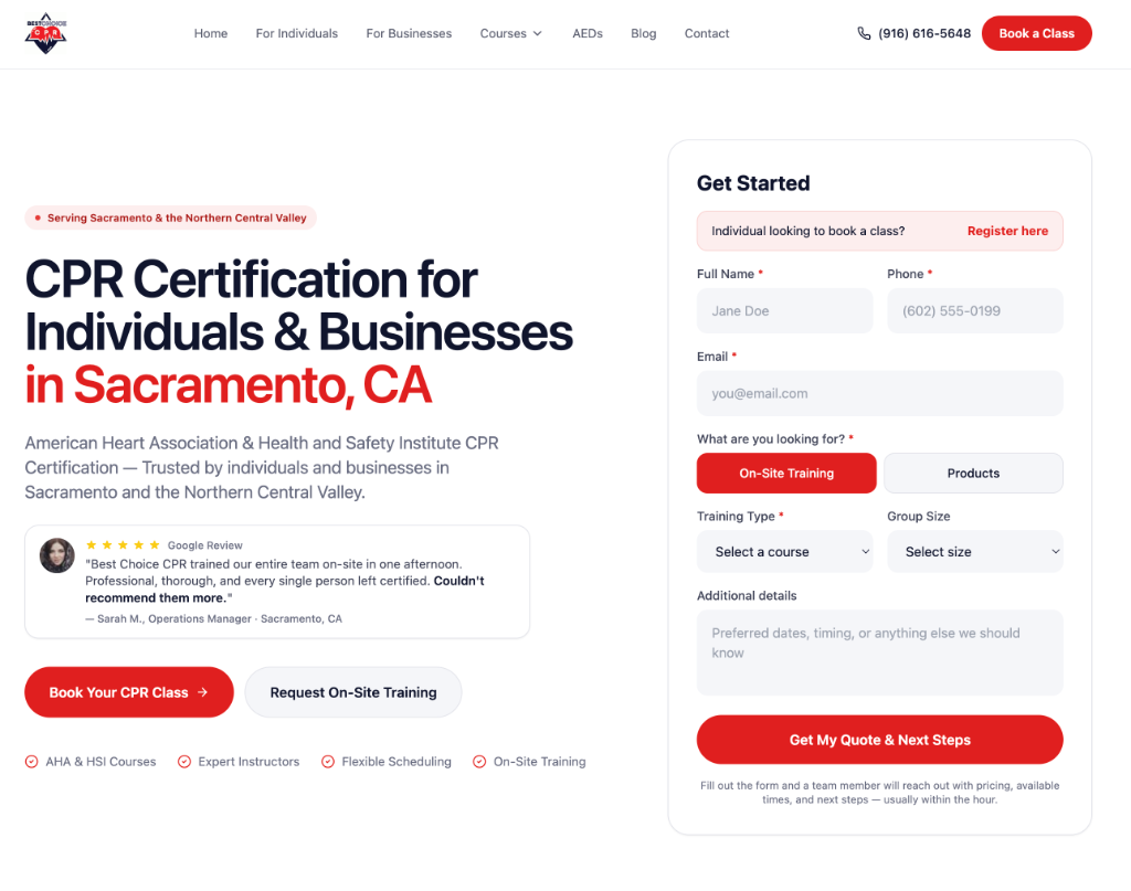 Best Choice CPR website screenshot — built by North Valley Solutions