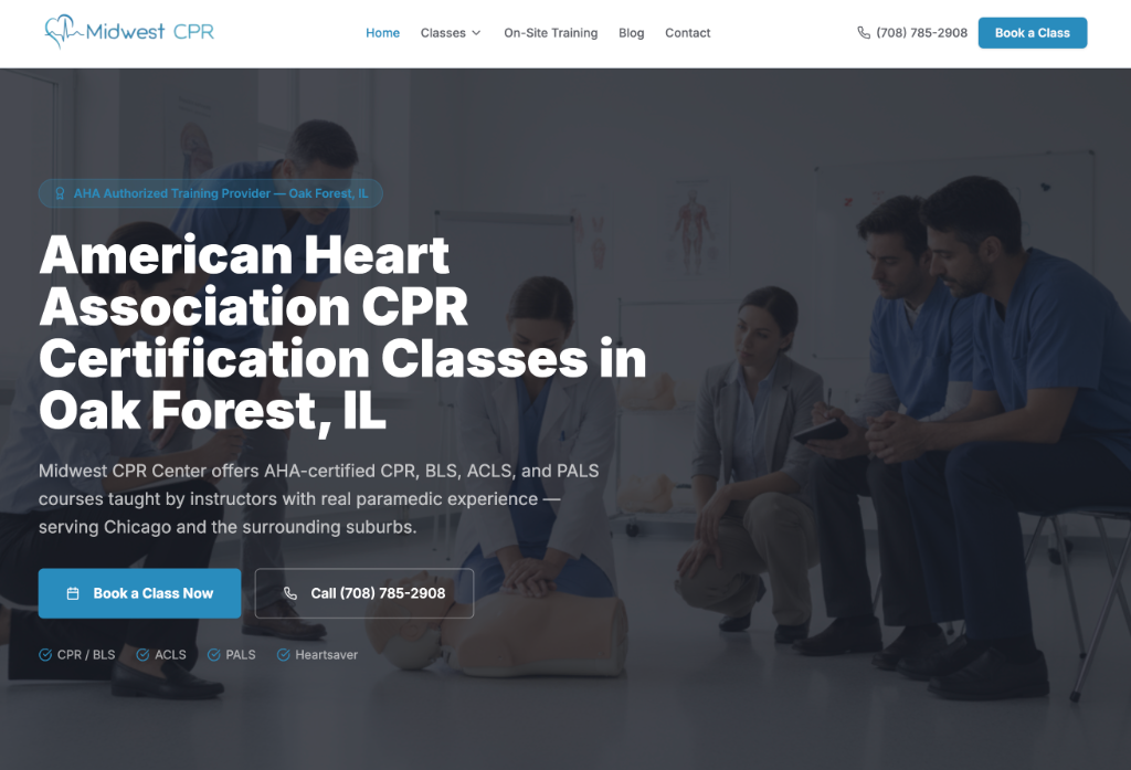 Midwest CPR Center website screenshot — built by North Valley Solutions