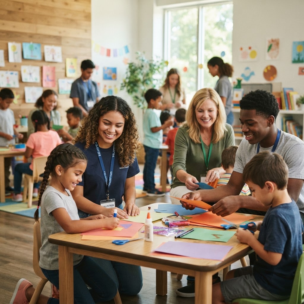 A teenage student volunteer kneeling to welcome a young child in a bright church classroom