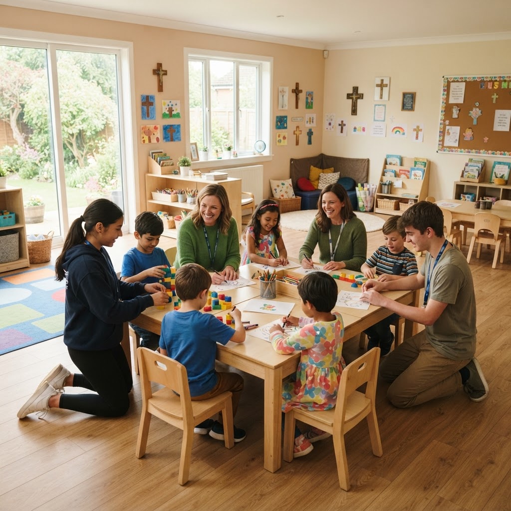 Adult leaders and teenage student volunteers serving together with children in a bright, open, supervised church classroom