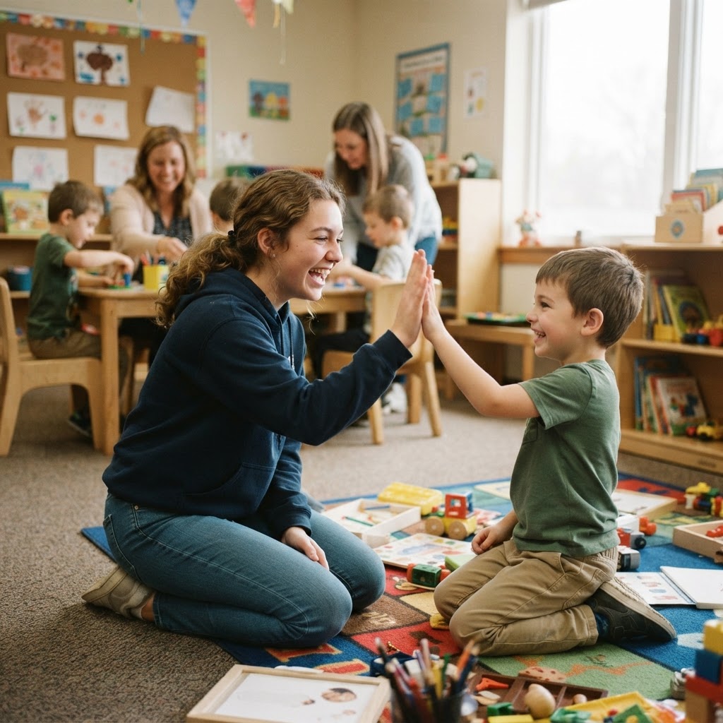 A teenage student volunteer high-fiving a young child in a bright church classroom while adult leaders watch nearby